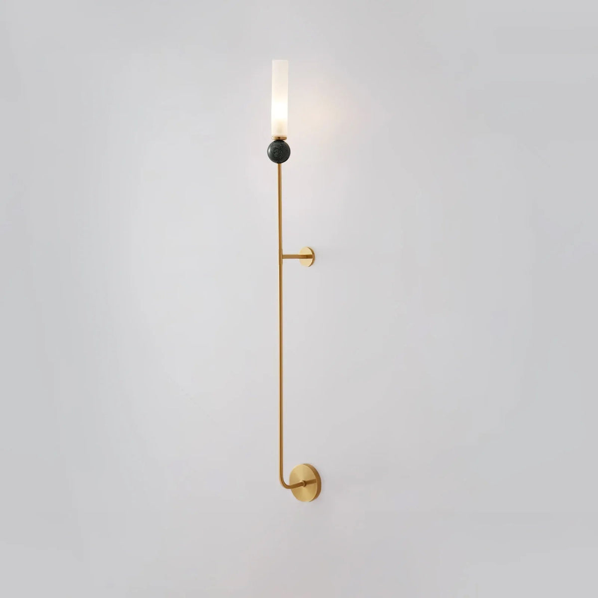 A green marble orb tops this tall Clérachic brass vertical wall light, shown full length against a plain grey background.