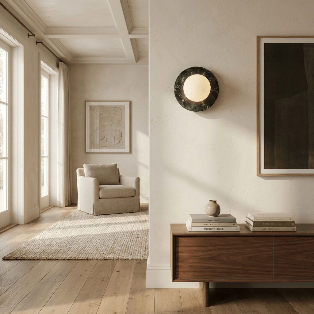 A Clérachic marble disc sconce lights a hallway wall beside a framed picture, near a cream armchair and walnut console table.