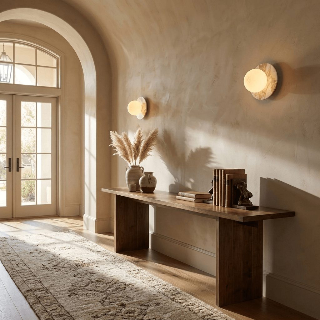 A lit Clérachic marble disc sconce glows in a plastered archway entrance, above a wood bench with a vase and dried pampas grass.