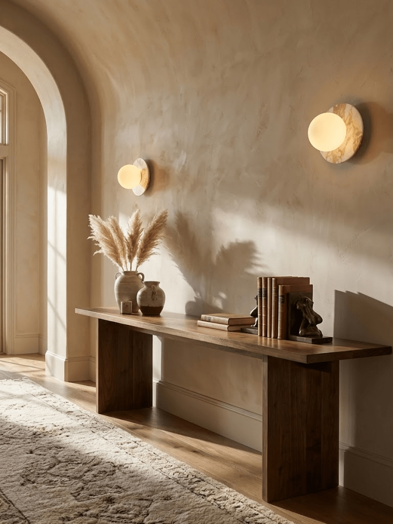 Two lit Clérachic marble disc sconces flank a plastered archway hallway, above a wood bench with vases and stacked books.