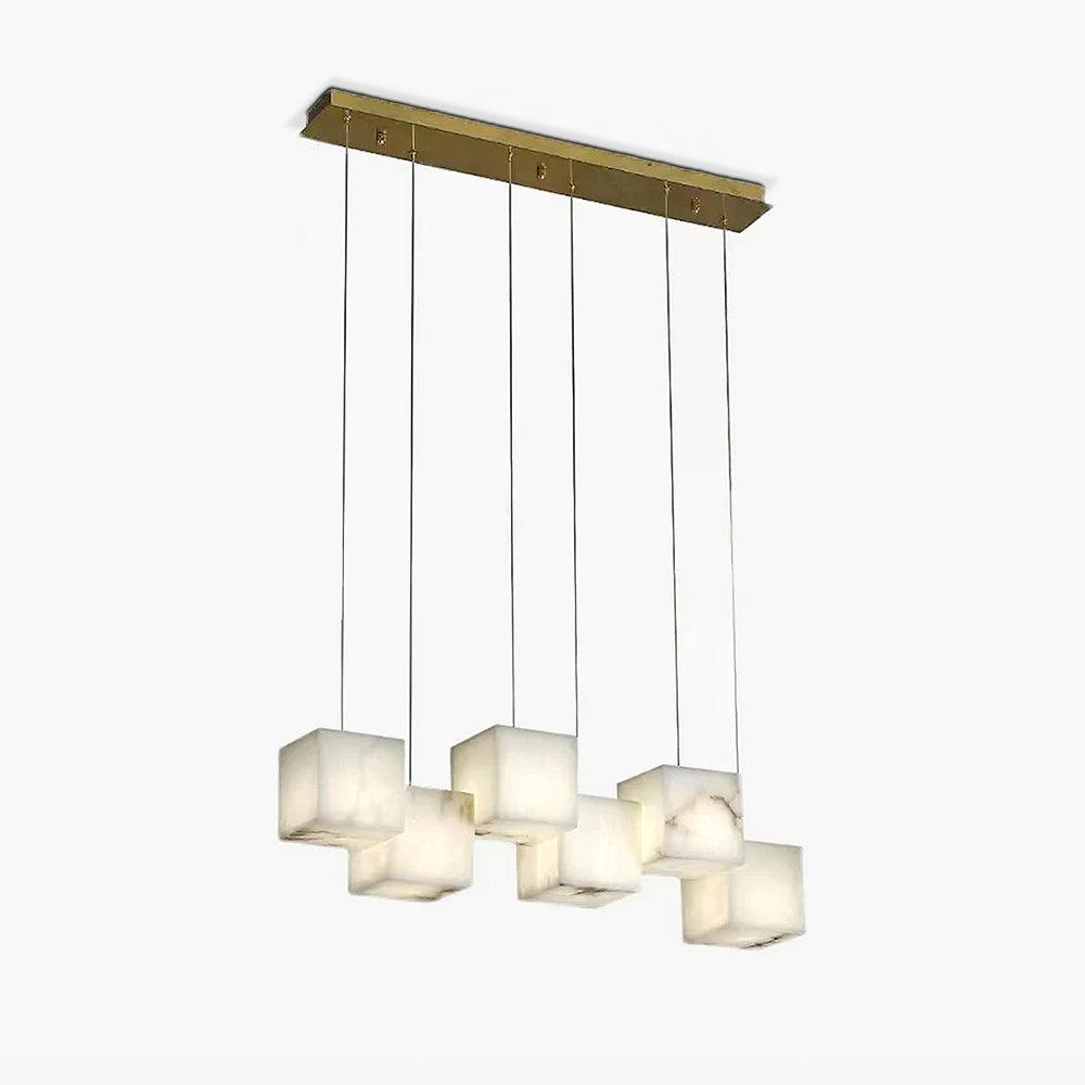 Front view of the six-head Ivnoros chandelier with its brass bar, cubes unlit on a white background.