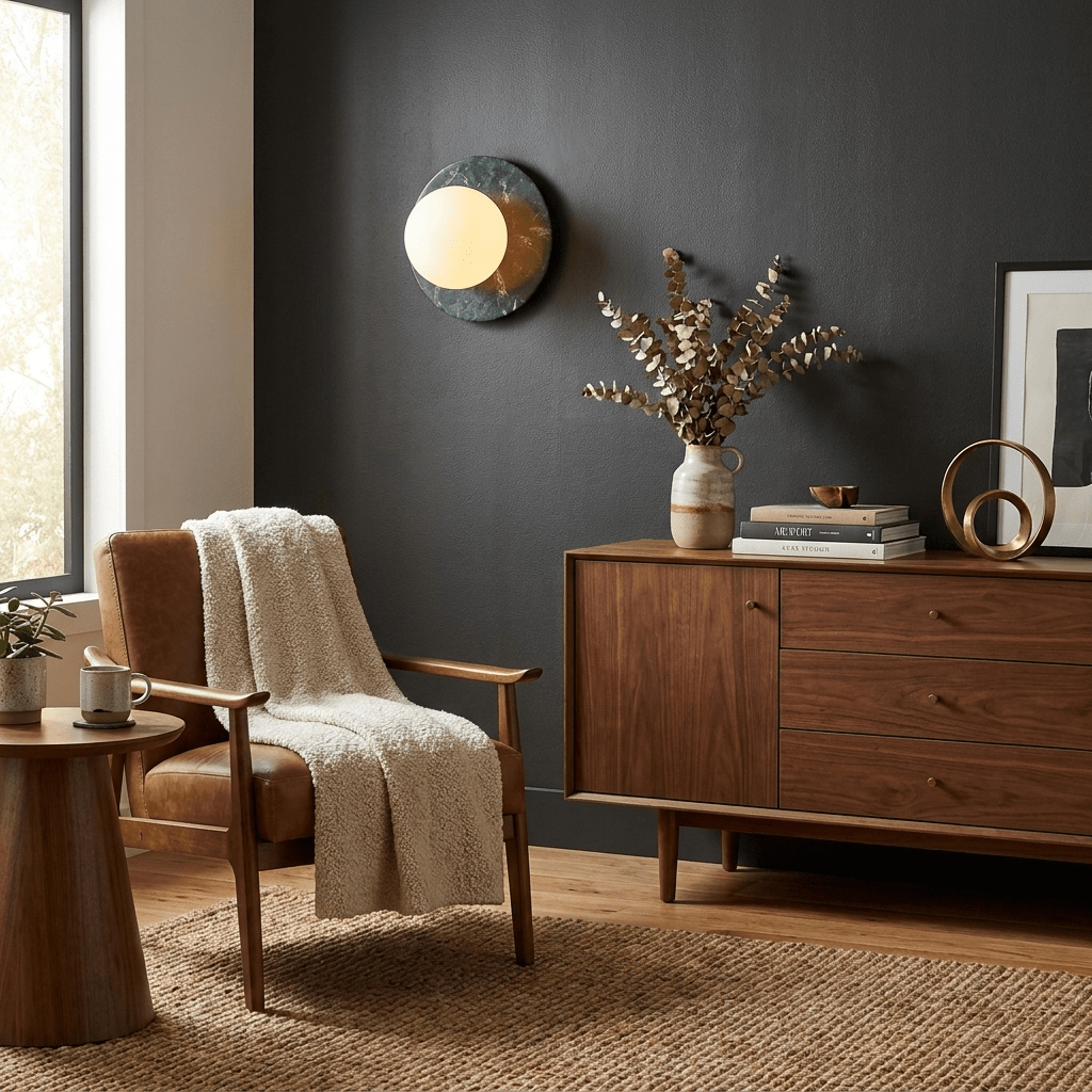 Clérachic's marble disc sconce lights a charcoal-painted wall above a walnut credenza, next to a tan armchair with a wool throw.