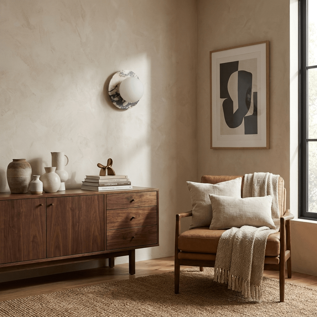 A Clérachic marble wall sconce sits beside a framed abstract print, above a walnut sideboard with ceramic vases and books.
