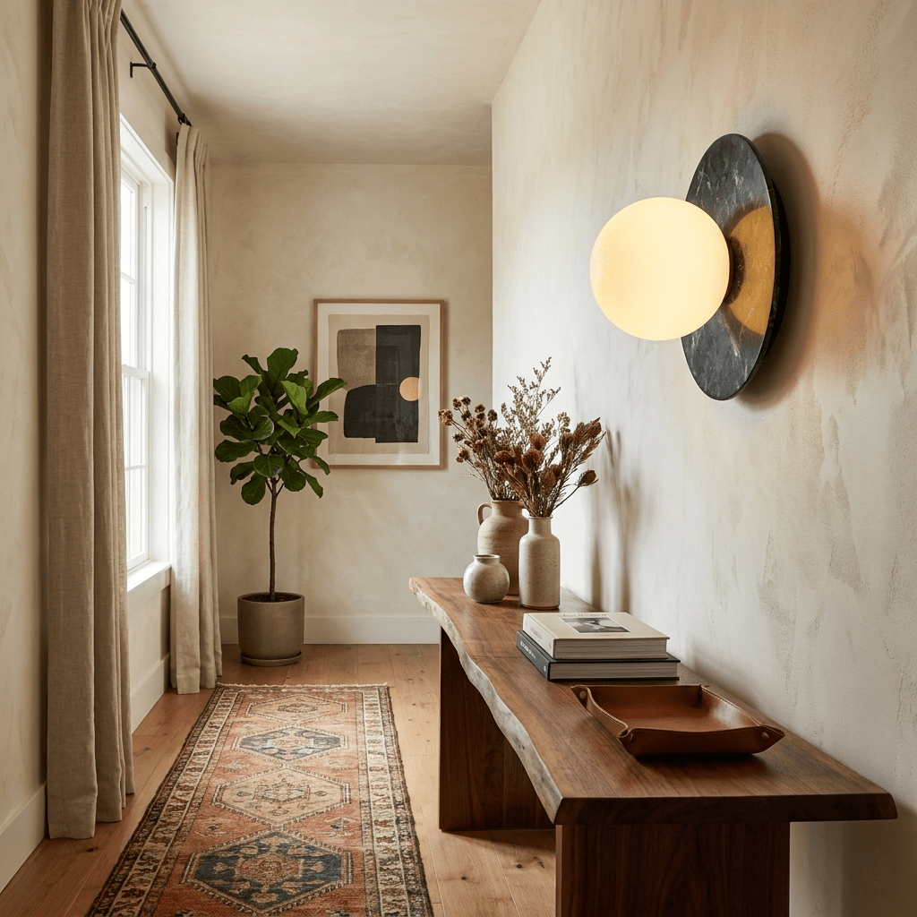 In a narrow hallway, a lit Clérachic marble disc sconce hangs above a console table with a potted fig tree and a patterned rug.