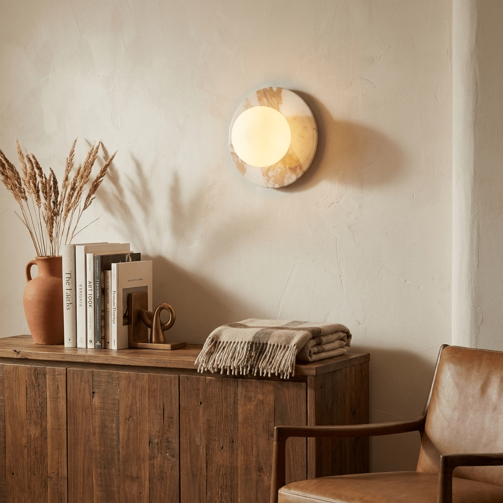 A Clérachic marble disc sconce glows above a walnut sideboard in a cream-plastered room, beside stacked books and dried wheat.