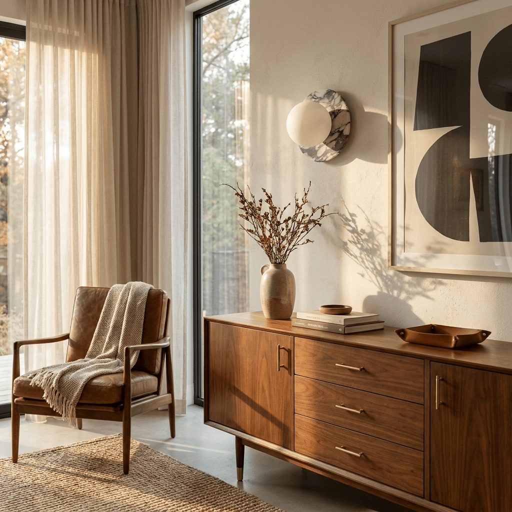 Clérachic's marble wall sconce glows beside sheer curtains and a framed print, above a walnut credenza with folded throws.