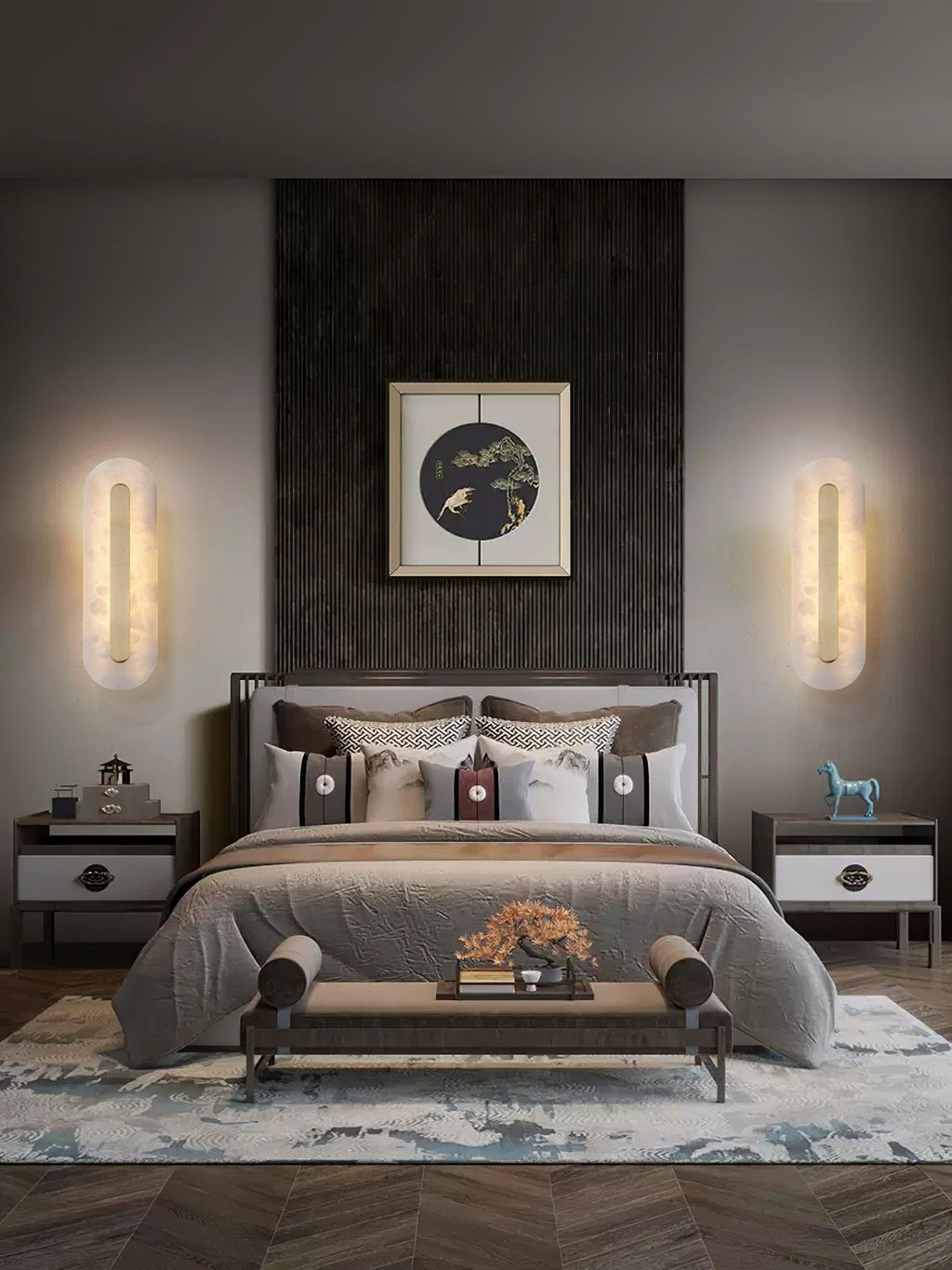 Alabaster wall light showing organic stone veining and brass trim
