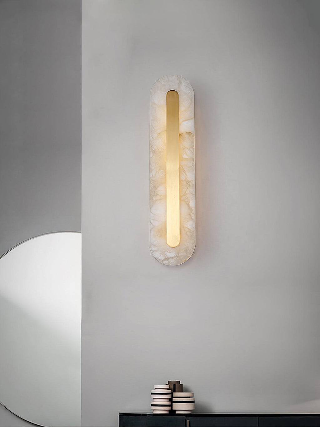 Genuine alabaster and brass sconce showing unique stone translucency