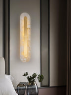 Genuine alabaster sconce showing unique stone pattern and warm light