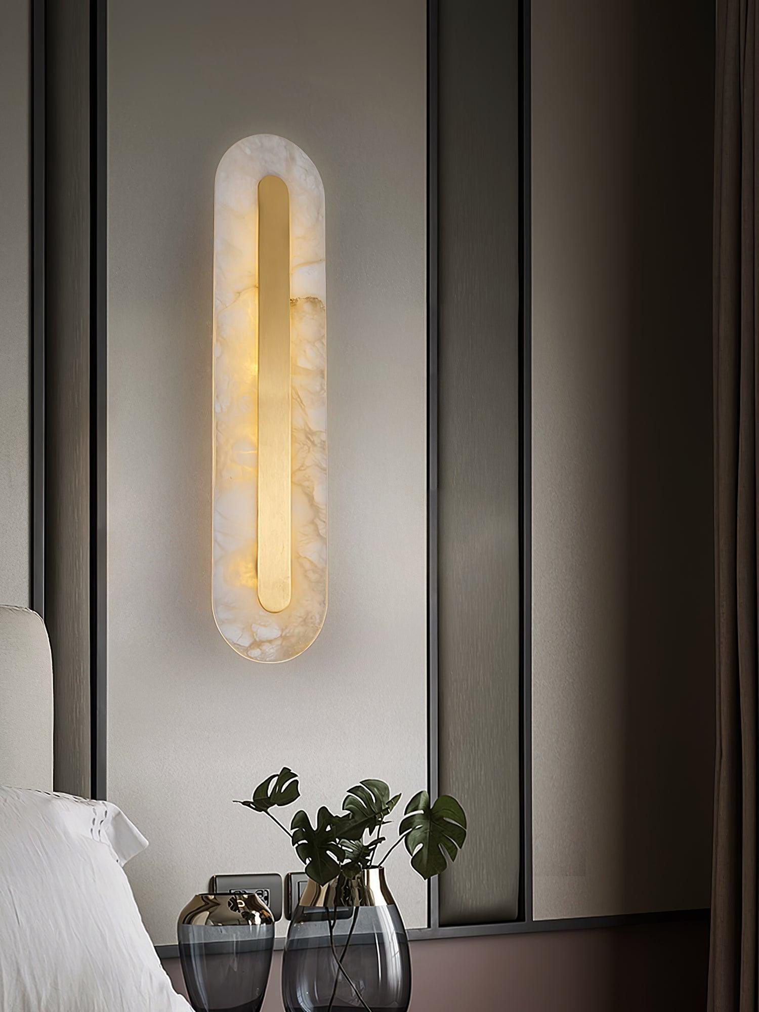 Genuine alabaster sconce showing unique stone pattern and warm light
