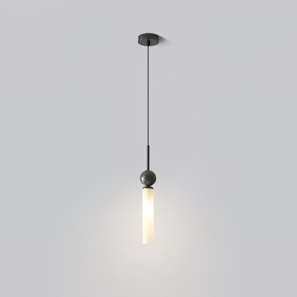A studio shot of a single black marble Clérachic pendant light on a grey background, cropped lower than the matching shot.