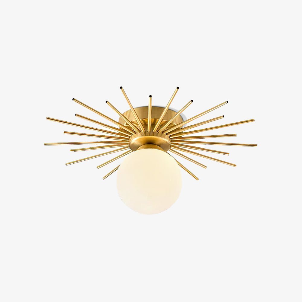 Product shot of this Clérachic ceiling light on white, brass rods fanning around a frosted glass globe.