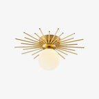 Product shot of this Clérachic ceiling light on white, brass rods fanning around a frosted glass globe.
