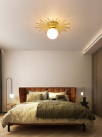A wide bedroom shot shows this Clérachic ceiling light glowing above a bed flanked by slim floor lamps.