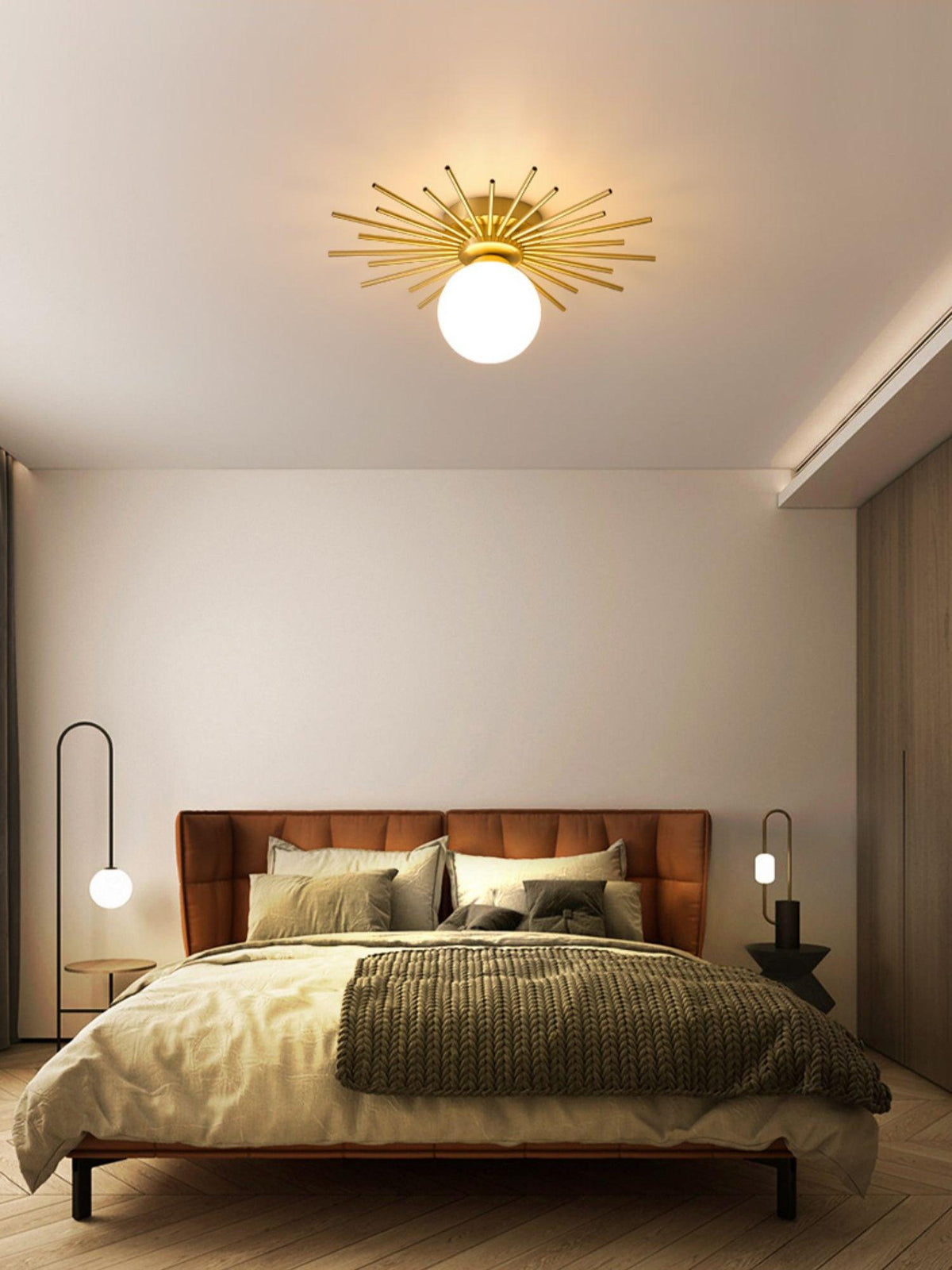 A wide bedroom shot shows this Clérachic ceiling light glowing above a bed flanked by slim floor lamps.