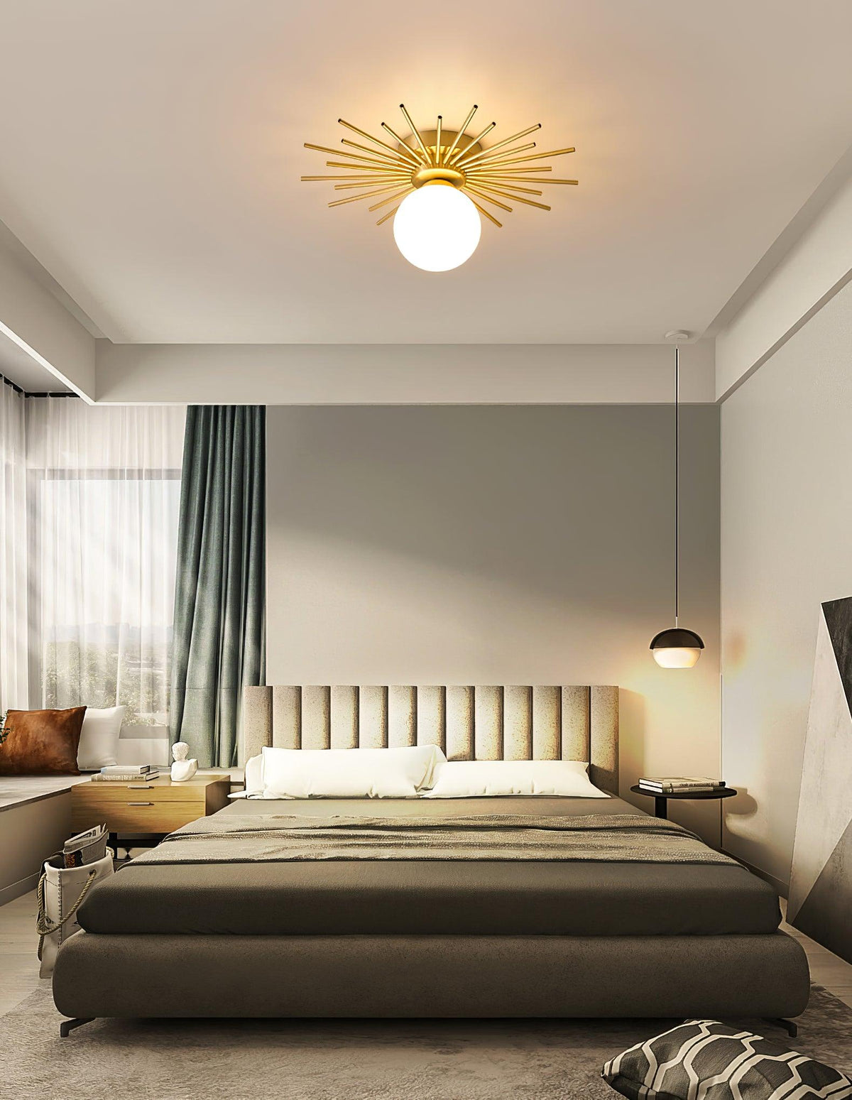 This Clérachic ceiling light glows in a bedroom with sage curtains, a quilted headboard and a hanging pendant nearby.