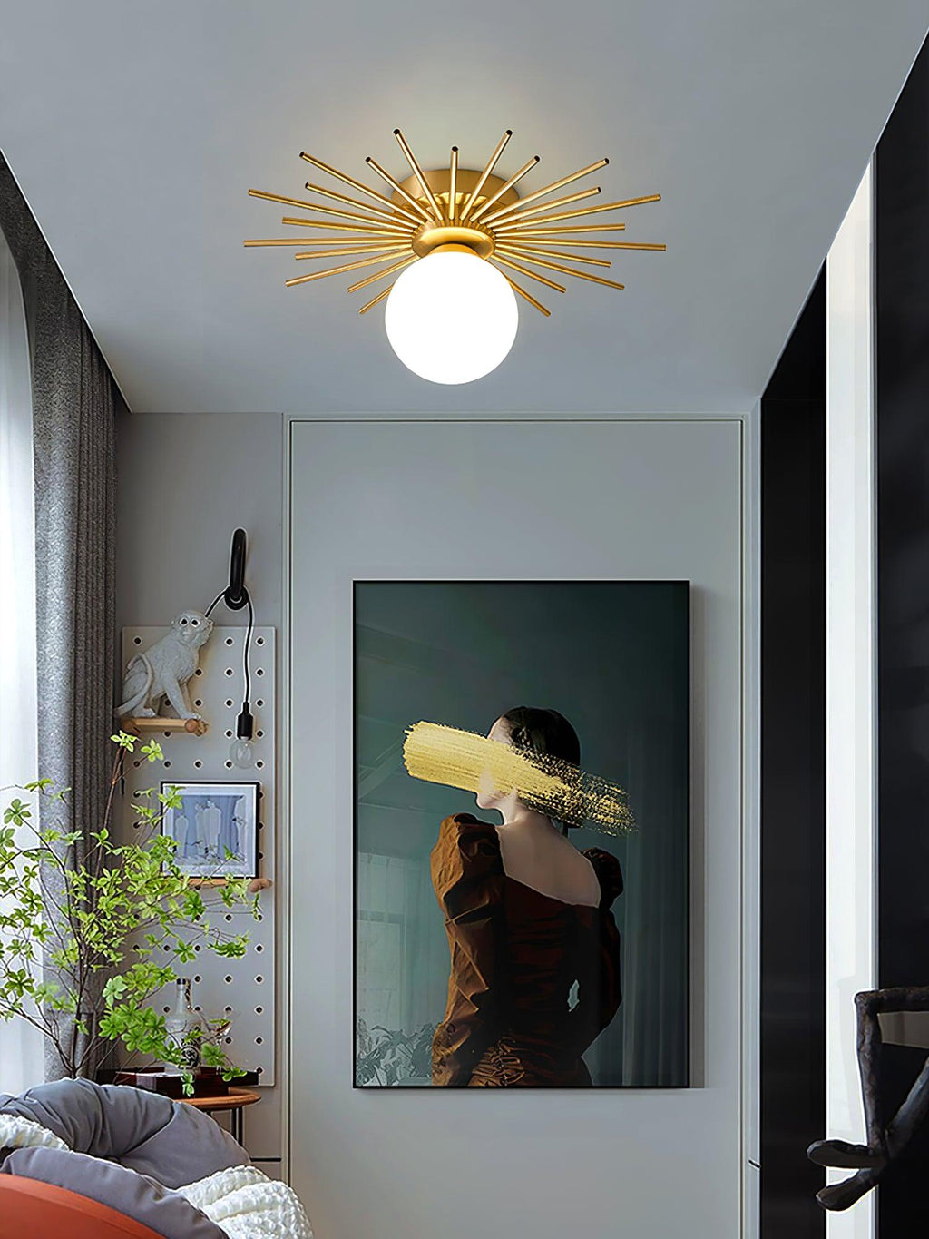 Mounted in a corridor with a wall mirror and potted plants, this Clérachic ceiling light glows warm overhead.