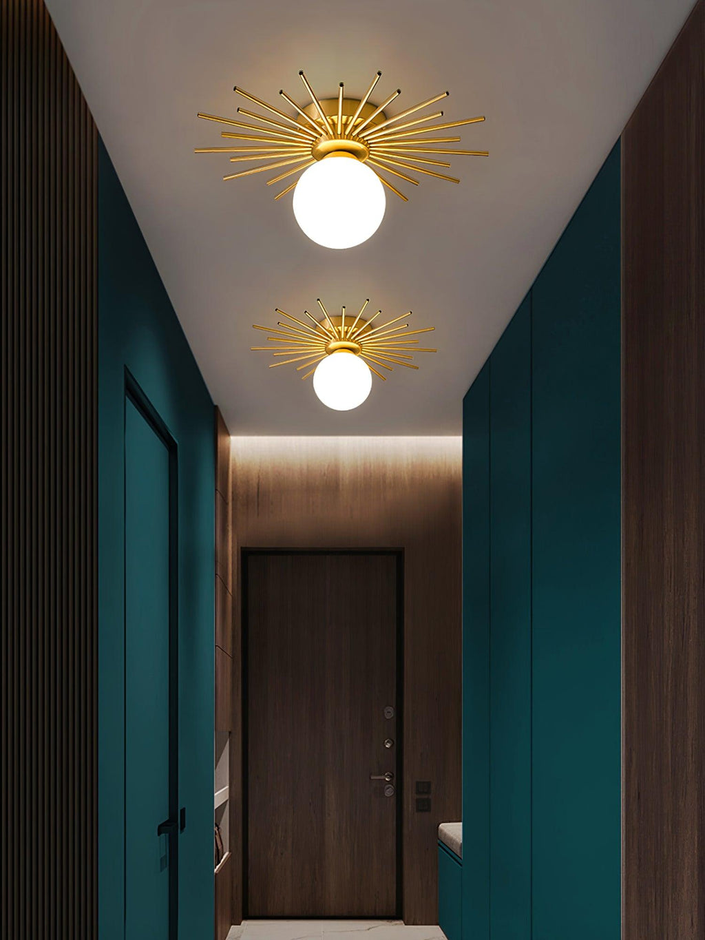 In a corridor with dark green walls and a wood-panelled door, this Clérachic ceiling light glows warm.