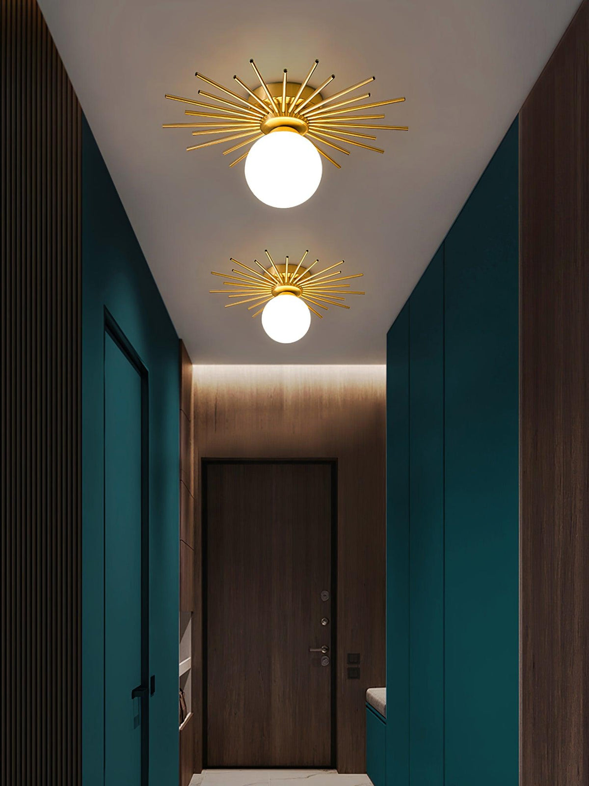 In a corridor with dark green walls and a wood-panelled door, this Clérachic ceiling light glows warm.