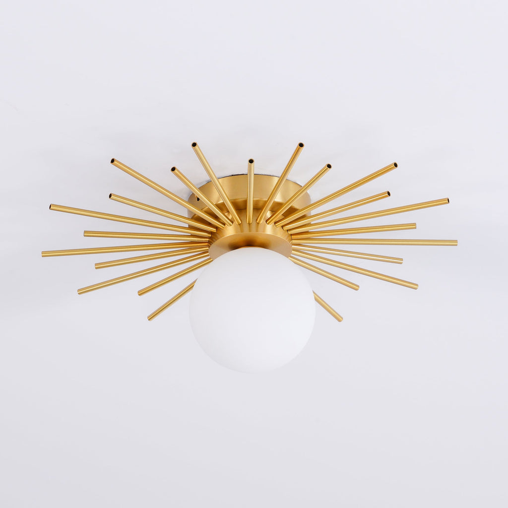 Angled low view of this Clérachic ceiling light on a pale grey backdrop, rods spread wide above the globe.