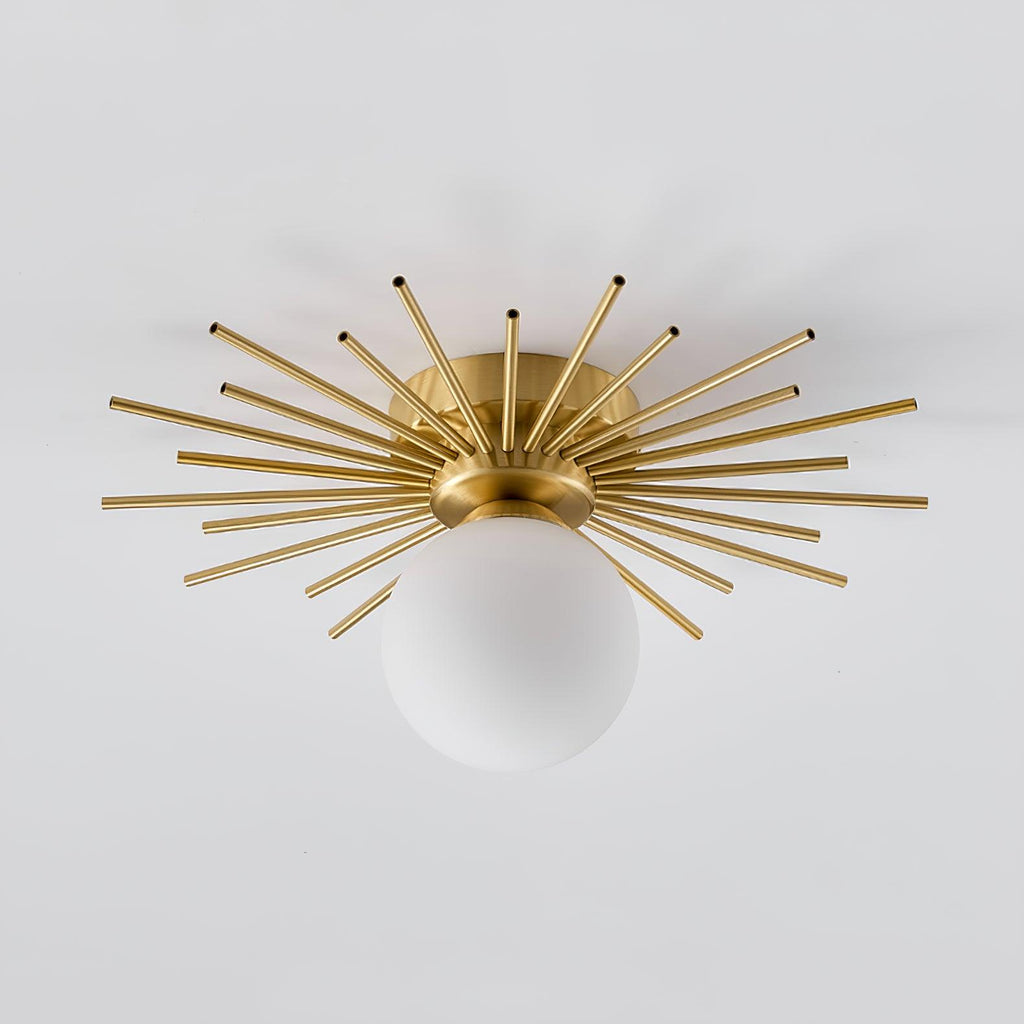 Side angled shot on grey of this Clérachic ceiling light, the frosted globe sitting beneath its rays.