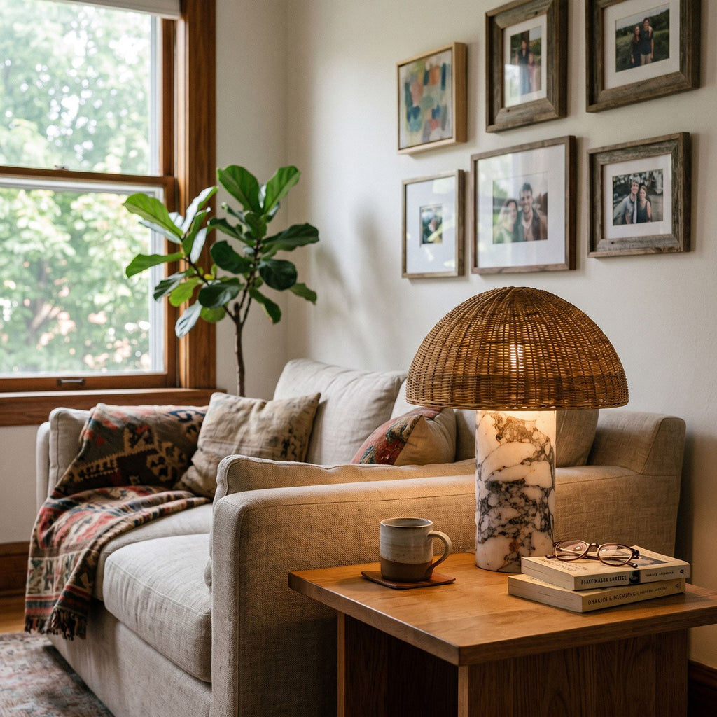 Clérachic's rattan table lamp lit on a wooden side table next to a beige sofa with a patterned throw.