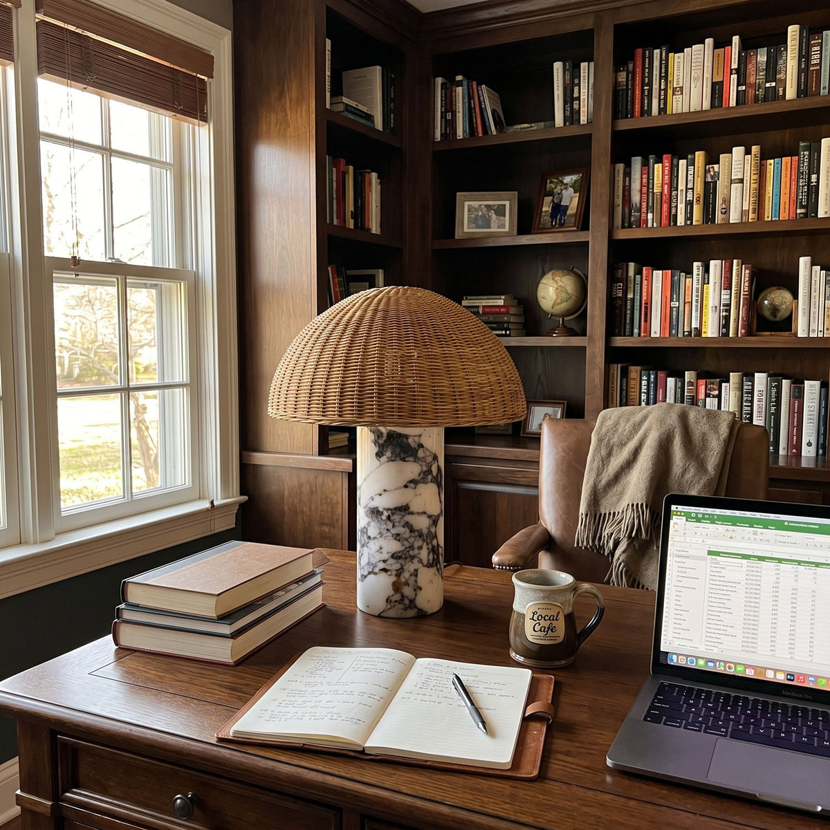 Clérachic's rattan table lamp lit on a wooden desk beside an open notebook, a laptop and a stack of books.