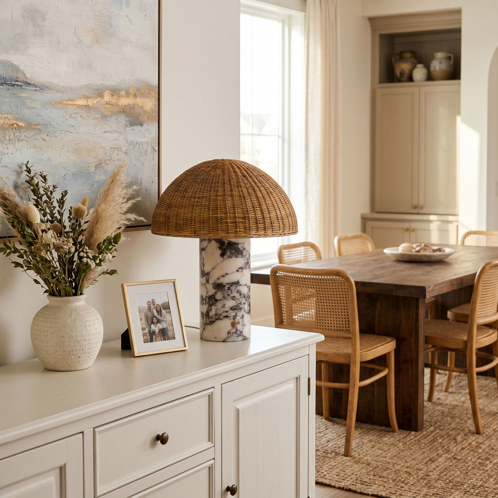 This rattan table lamp from Clérachic stands on a white sideboard near a framed photo, with a dining table beyond.