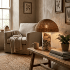 This Clérachic rattan table lamp glows on a wooden bench beside a beige armchair, a mug and a stack of books.