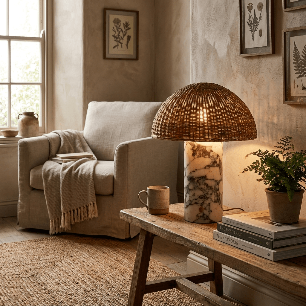 This Clérachic rattan table lamp glows on a wooden bench beside a beige armchair, a mug and a stack of books.