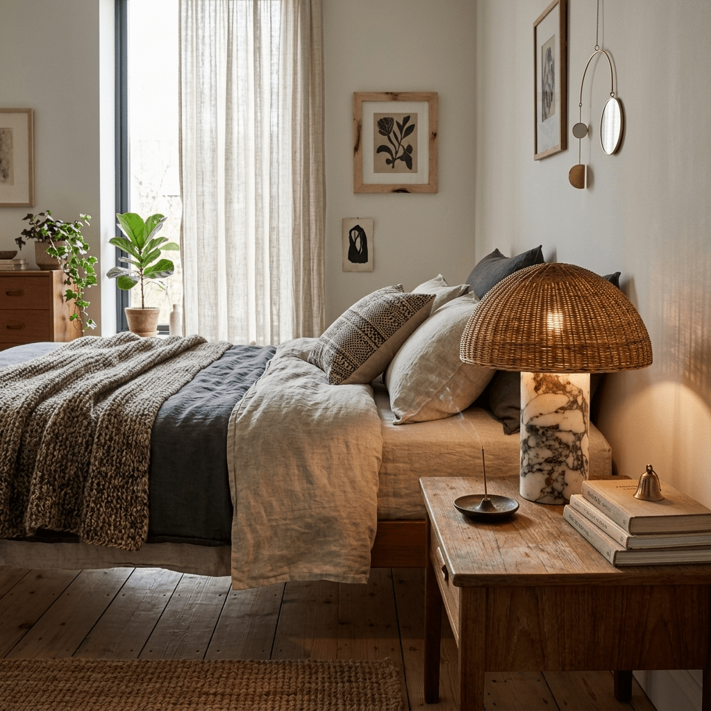 The rattan dome lamp from Clérachic glowing on a bedside table in front of a bed with grey striped bedding.