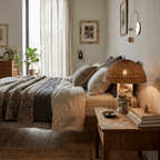 The rattan dome lamp from Clérachic glowing on a bedside table in front of a bed with grey striped bedding.