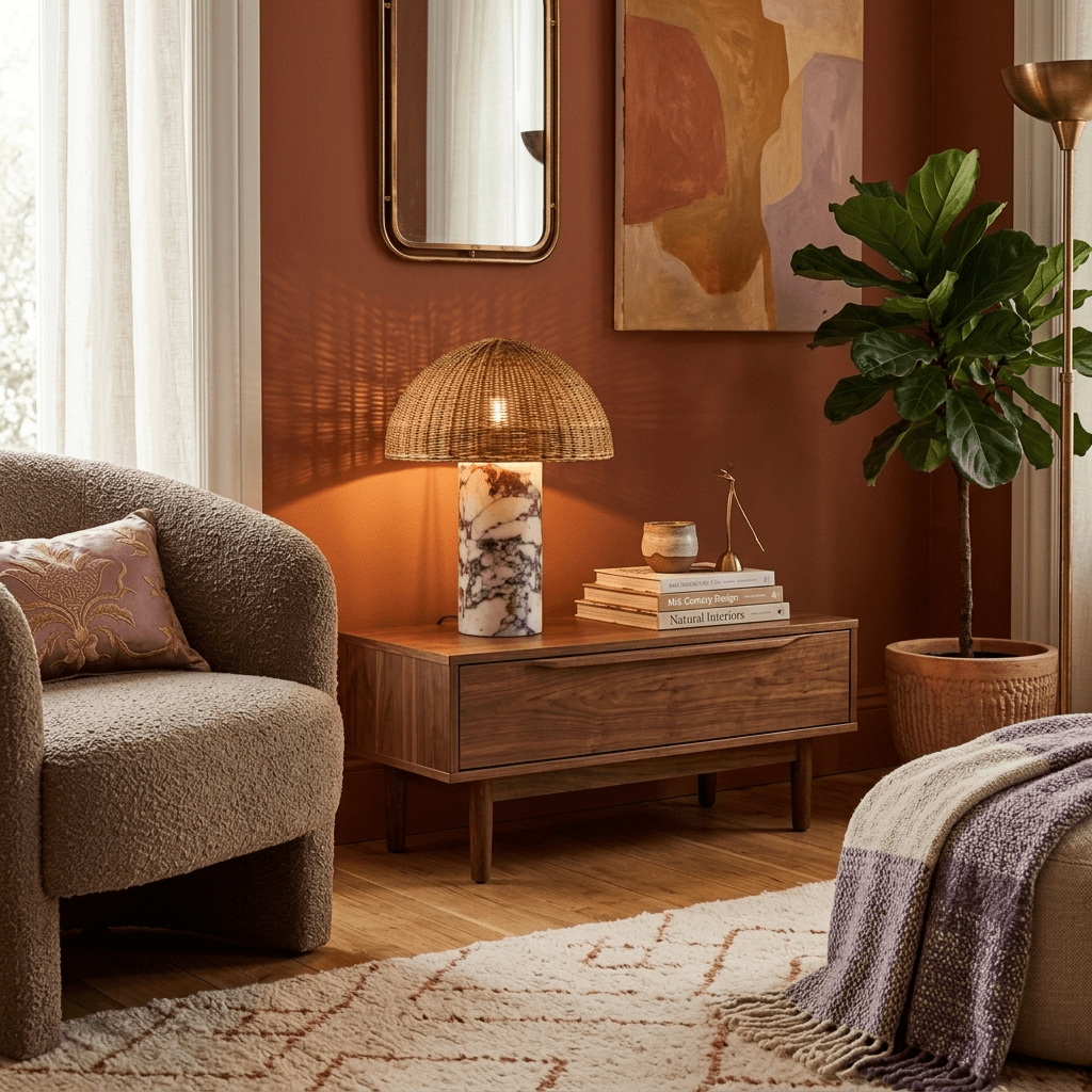 The rattan dome lamp from Clérachic lit on a bedside table against a terracotta wall, beside a leafy plant.