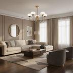 Marshmallow chandelier shown lit in a warm interior setting