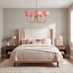 Marshmallow chandelier frame and shades shown in close detail