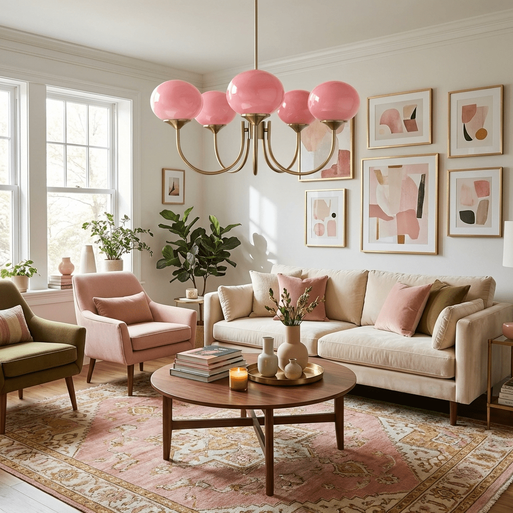 Marshmallow chandelier shown with chrome frame and cream shades