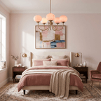 Marshmallow chandelier shown with copper frame and pink shades