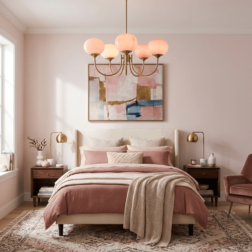 Marshmallow chandelier shown with copper frame and pink shades