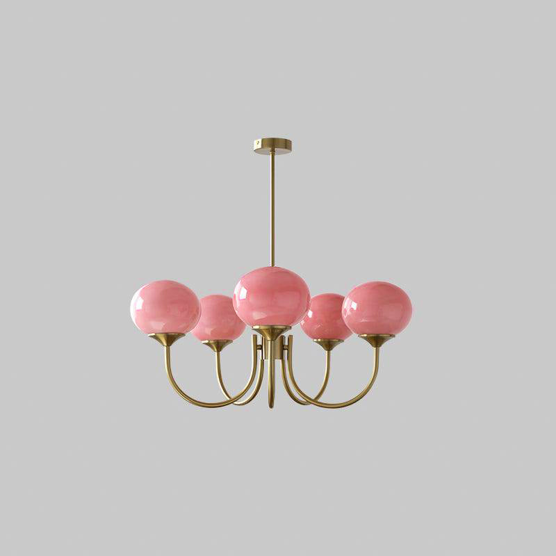 Marshmallow chandelier detail showing the metal frame and glass shades