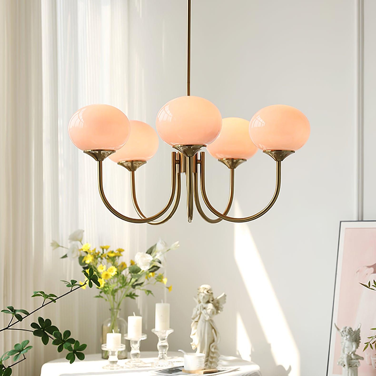 Marshmallow chandelier hanging in a softly lit room
