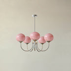 Marshmallow chandelier suspended above a seating area