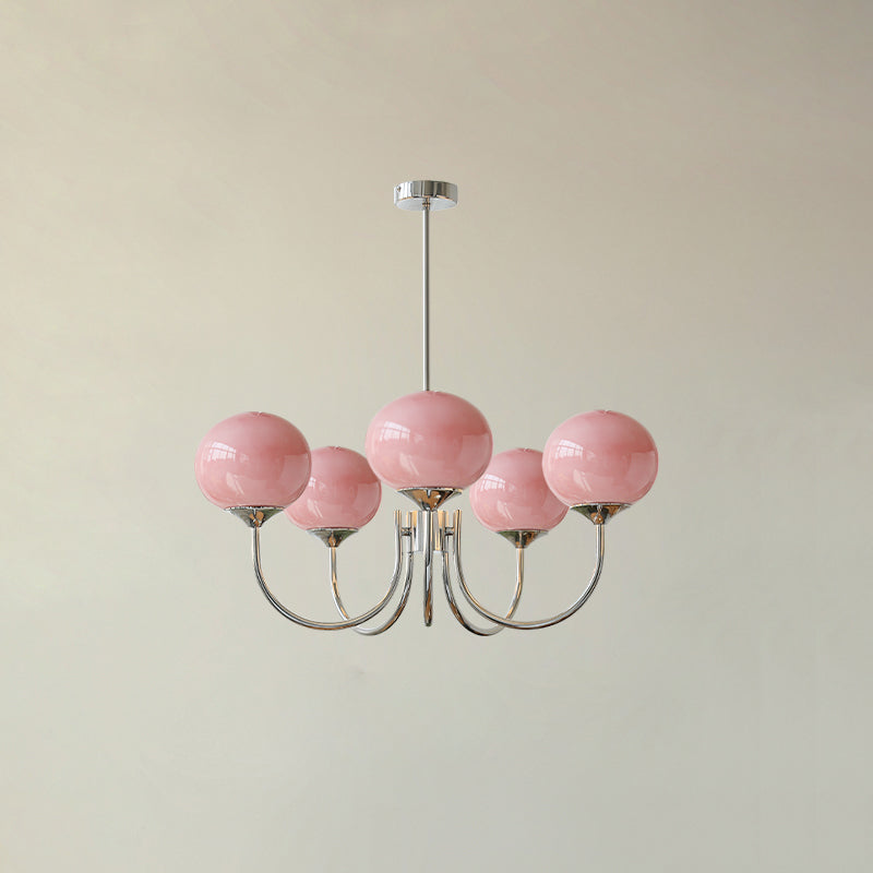 Marshmallow chandelier suspended above a seating area