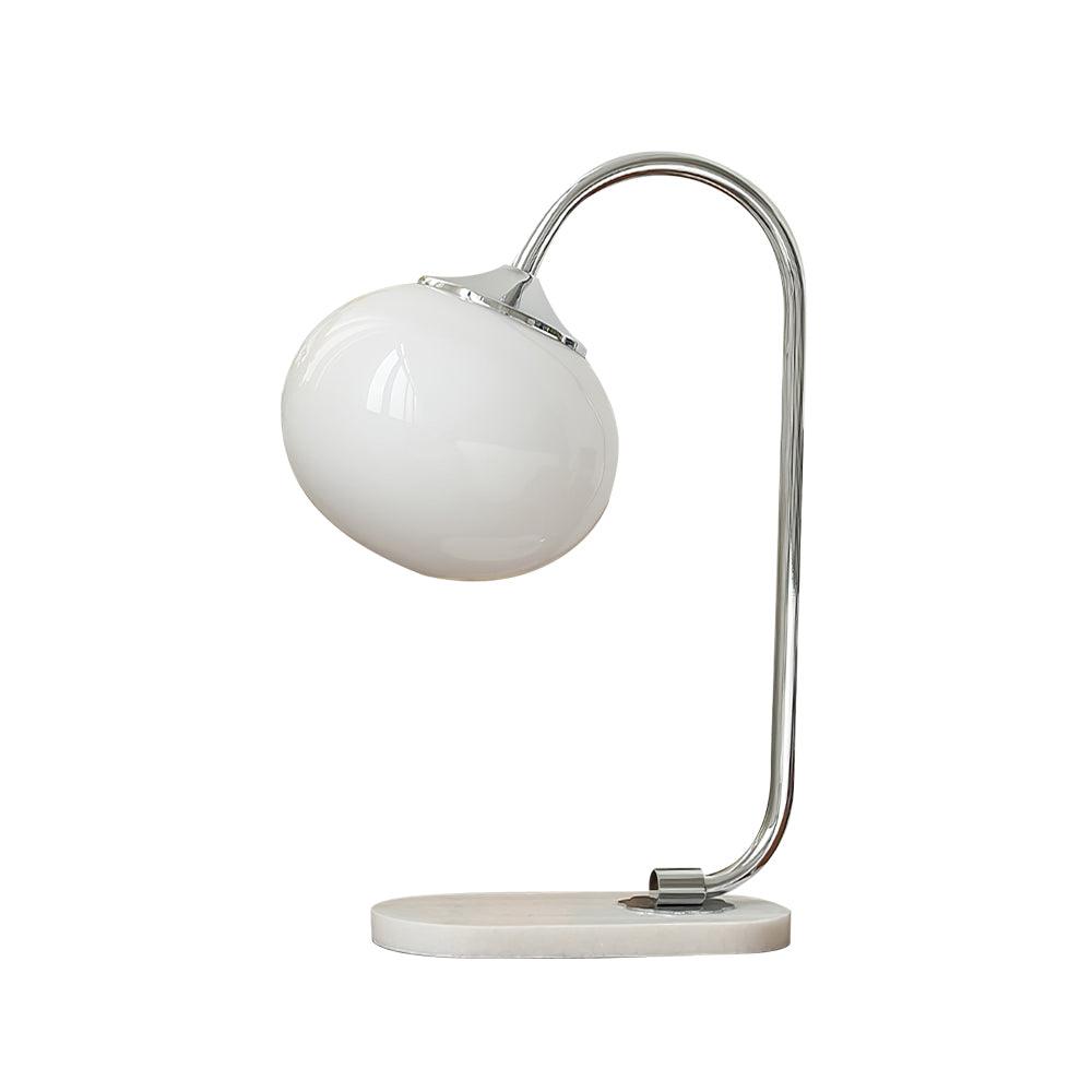 Clérachic pastel glass table lamp with a white glass shade on a chrome arm and marble base, photographed unlit against plain white.