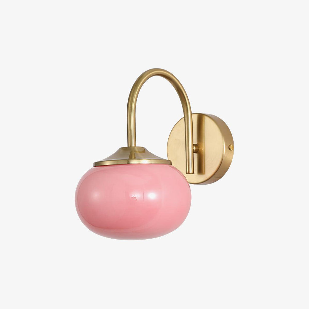 Angled view of this Clérachic wall light in copper and pink glass, unlit, on a soft grey background.