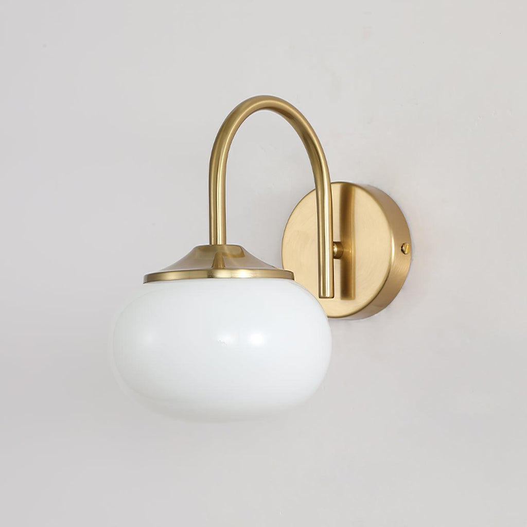 Straight-on view of this Clérachic wall light in copper and white glass, unlit, mounted on plain white.