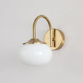 Straight-on view of this Clérachic wall light in copper and white glass, unlit, mounted on plain white.