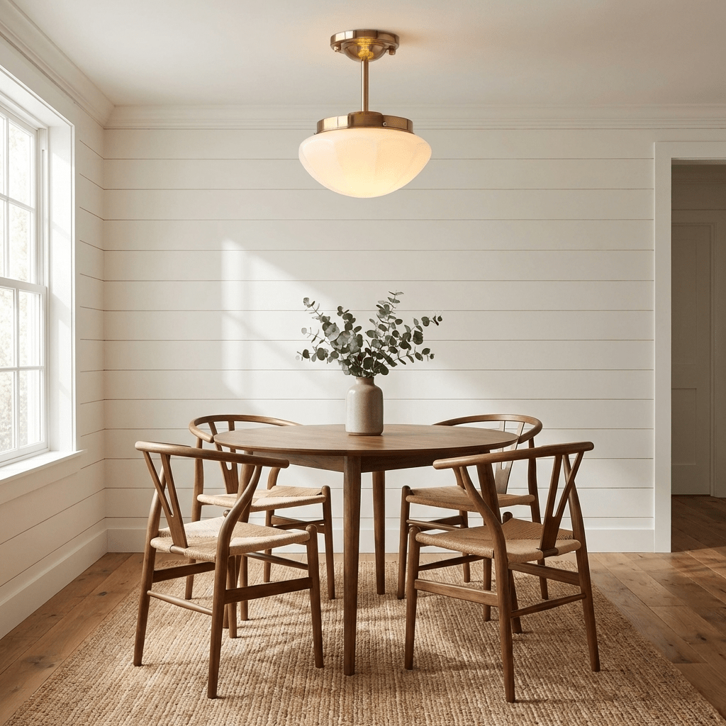 Glass-shade ceiling pendant with metal frame, lit warm