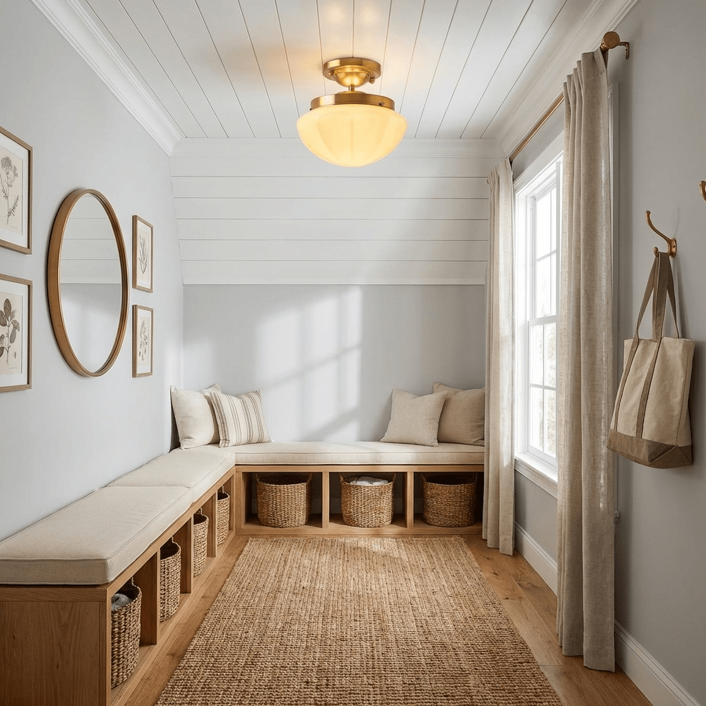 Marta glass-shade ceiling light glowing above a small room