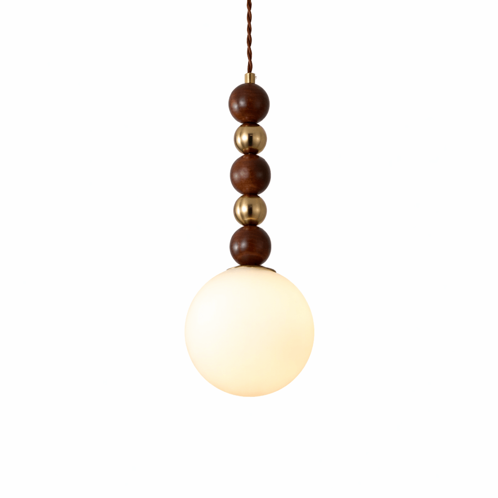 Pendant light with turned wood beads and white glass shade