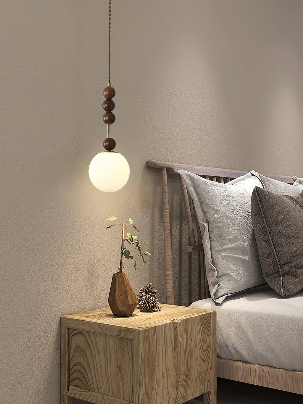 Ash wood pendant light over a furnished living space